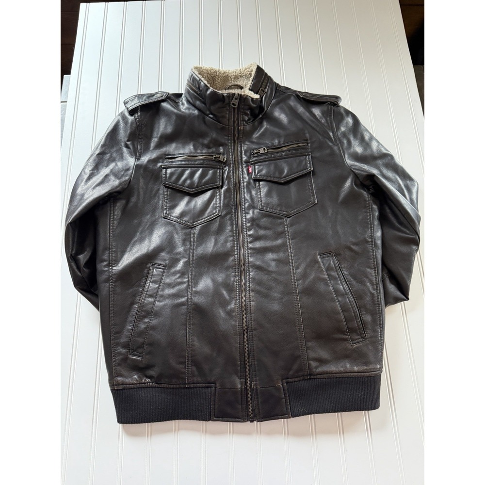 Levi's Faux Leather Aviator Bomber Jacket Sherpa Lined Brown‎ Men's L